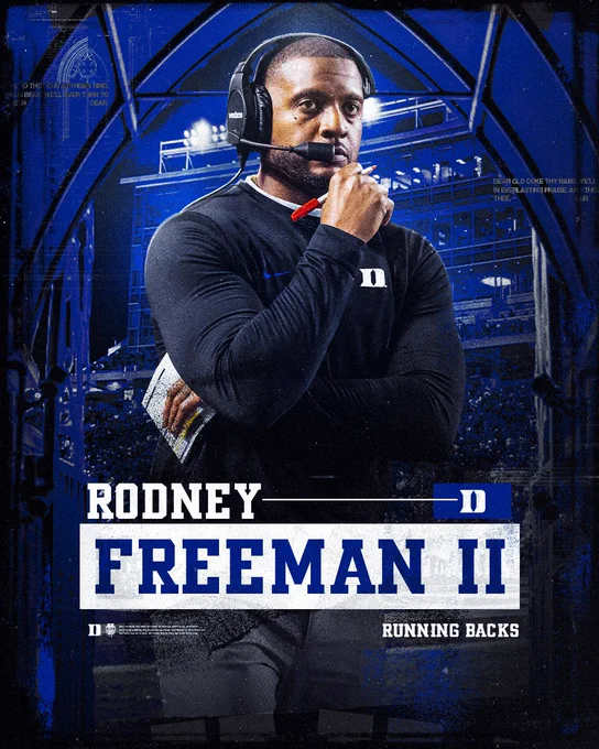 Rodney Freeman II being announced as Duke football’s new running back coach