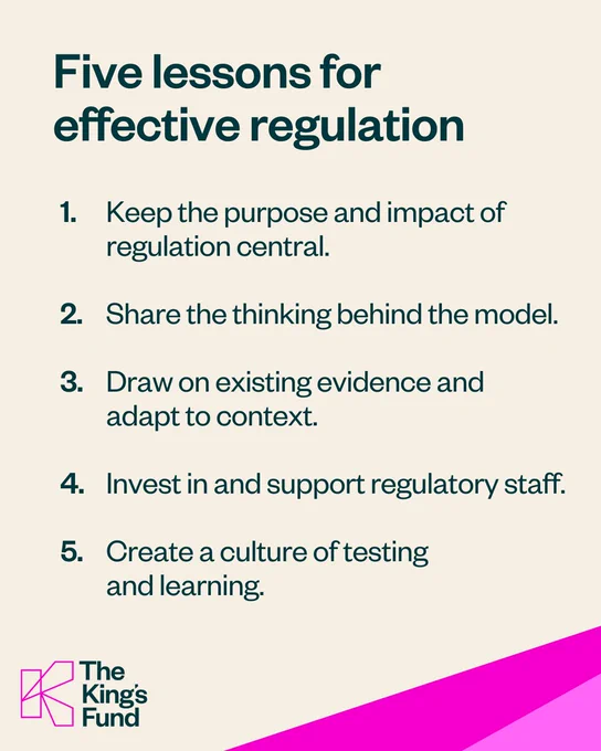 Image displaying a list titled 'Five lessons for effective change management' with key points: 1. Keep the purpose and impact clear. 2. Share the thinking behind the model. 3. Draw on existing evidence and adapt to context. 4. Invest in and support regulatory staff. 5. Create a culture of testing. The image includes the logo of The King's Fund at the bottom.