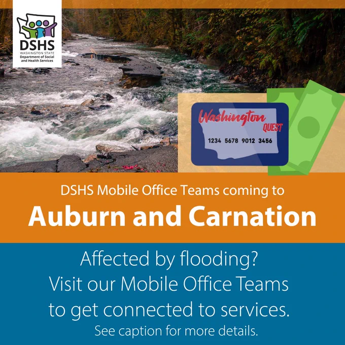 Photo of flooding river. Illustration of Washington EBT card and cash. DSHS logo. Text matches post.