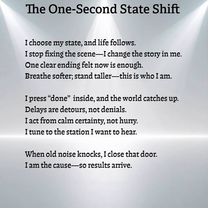 The One-Second State Shift
I choose my state, and life follows.
I stop fixing the scene-I change the story in me. One clear ending felt now is enough.
Breathe softer; stand taller—this is who I am.
I press "done" inside, and the world catches up.
Delays are detours, not denials.
I act from calm certainty, not hurry.
I tune to the station I want to hear.
When old noise knocks, I close that door.
I am the cause-so results arrive.