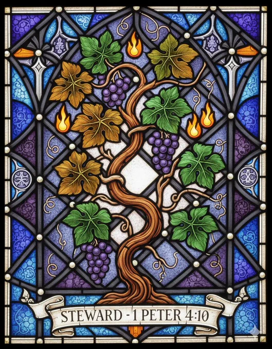 Gemini AI generated. An artistic, vertical (4:5) digital illustration in a Gothic stained-glass style. The central image features a strong, established grapevine meticulously trained onto a structured wooden trellis, symbolizing order and stewardship. The vine has lush green leaves and clusters of deep purple grapes. Interspersed among the branches are small, stylized golden flames representing sparks of divine grace. The color palette is dominated by rich amethyst purples, deep forest greens, and warm gold accents, set against a background of textured, translucent glass panes that filter a soft, radiant light.