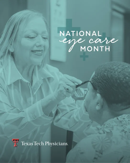 A female optician holds a pair of glasses up to a visitor of the optical shop with the words “NATIONAL EYE CARE MONTH”.