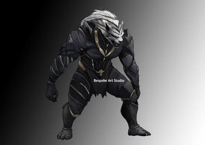 Digital illustration of a character named Talice Saambra in his Hybrid Weretiger form. He is a hulking, muscular creature with dark Drow skin and black and white tiger stripes across his face. He is wearing sleek, segmented black plate armor with gold/bronze trim that has been expanded to fit his massive physique. His eyes glow with a bright silver light, and he stands in a powerful, low-crouched predatory stance.