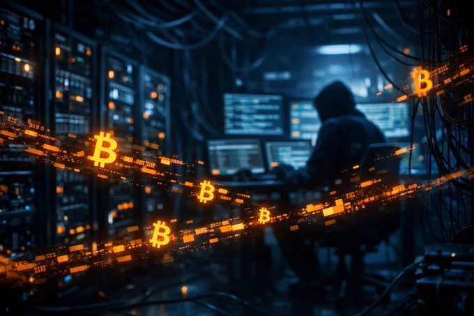 A cinematic digital illustration representing a major Bitcoin hack, visually contextualized with the Bitfinex breach. The scene shows a dark, high-security server room filled with tall racks of servers, dense wiring, and blinking indicator lights, bathed in cold blue and black tones. In the background, a hooded human figure sits in silhouette at a workstation, facing several monitors displaying lines of code, blockchain-style transaction data, and wallet addresses, evoking the laundering and tracing of stolen funds. Flowing across the foreground are glowing orange Bitcoin symbols (₿) and fragmented data streams, suggesting the movement and diversion of Bitcoin during a cybercrime. The image references the 2016 Bitfinex hack, in which nearly 120,000 Bitcoin were stolen and later linked to Ilya Lichtenstein and Heather Morgan. The visual also connects to current news of January 2026, when Lichtenstein was released early after serving roughly 14 months of a five-year sentence.