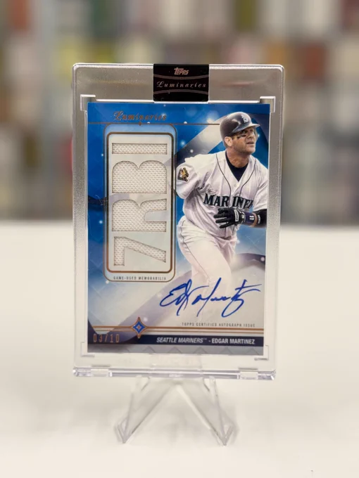 2023 Topps Luminaries Home Run Kings Autograph Relic Card
Edgar Martinez, Seattle Mariners (03/10)
Grand Slam, 3-Run HR, in 1995 ALDS Game 4