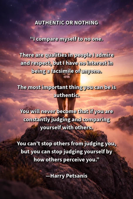 AUTHENTIC OR NOTHING

“I compare myself to no one.

There are qualities in people I admire and respect, but I have no interest in being a facsimile of anyone.

The most important thing you can be is authentic.

You will never become that if you are constantly judging and comparing yourself with others.

You can’t stop others from judging you, but you can stop judging yourself by how others perceive you.”

—Harry Petsanis

#AuthenticityMindset
#SelfAcceptance
#StopComparing
#AccountabilityCoaching

“Authentic or Nothing” by Harry Petsanis, Accountability Coaching