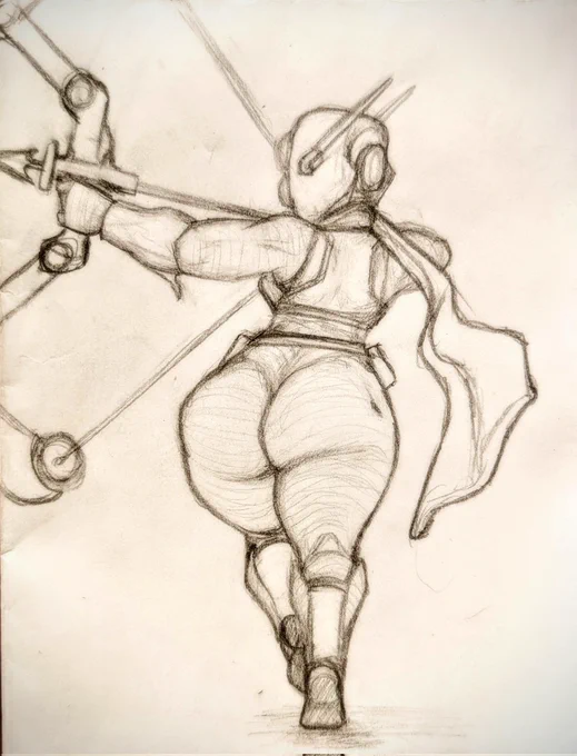 Huntress from Risk of Rain 2 running away from the camera while drawing her bow and arrow, her ass is unrealistically tight in her pants.