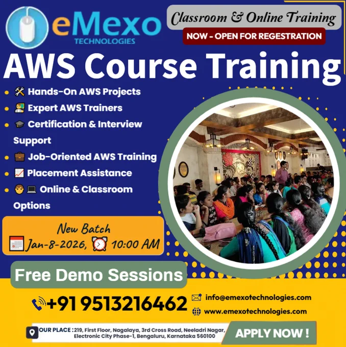 AWS Training in Marathahalli, Bangalore🌩️ – eMexo Technologies!
Calling All Future Cloud Engineers!
Ready to build a successful career in AWS Cloud, DevOps, and Infrastructure Automation? Whether you’re a fresher or a working professional, eMexo Technologies AWS Course in Marathahalli, Bangalore is your trusted destination to master Amazon Web Services (AWS).
🎯Why Choose eMexo Technologies for AWS Training in Marathahalli, Bangalore?
🛠️Hands-On AWS Projects
Work on real-time projects like EC2 provisioning, VPC setup, S3 storage solutions, IAM security, serverless apps with Lambda, container orchestration (ECS/EKS), and CI/CD pipelines on AWS.
👨‍🏫Expert Mentorship
Get trained by AWS Certified Cloud Architects & DevOps Engineers with over 10  years of cloud and enterprise infrastructure expertise.
📈100% Placement Assistance
Get job referrals, interview coaching, and personalized career mentorship from our strong placement support team.
🎉Limited-Time Offer: 30% OFF ! Enroll today !