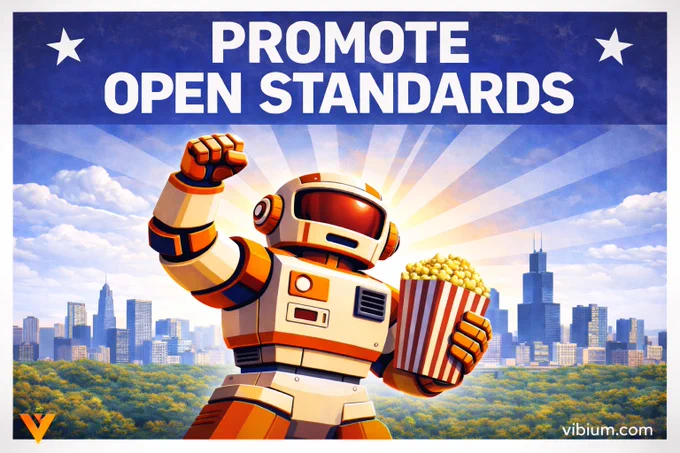 VAR (Vibium Automation Robot) holding a bag of popcorn in one hand and raising its other fist in the air. Text at top reads: PROMOTE OPEN STANDARDS