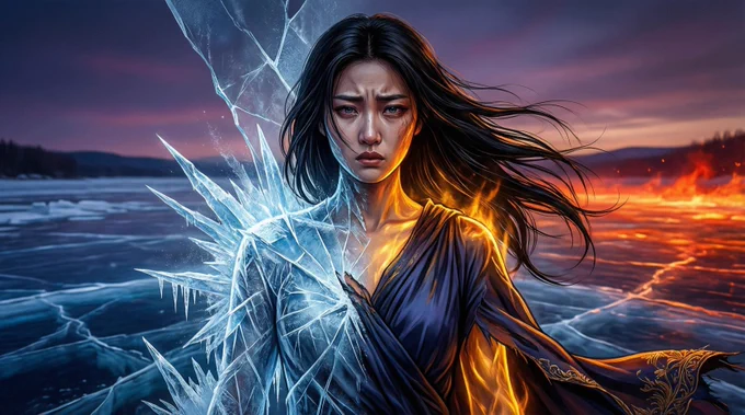 2D illustrated side-profile of a character with a dramatic emotional expression, half surrounded by icy textures and half illuminated by warm healing light, symbolizing frozen wounds and spiritual awakening.