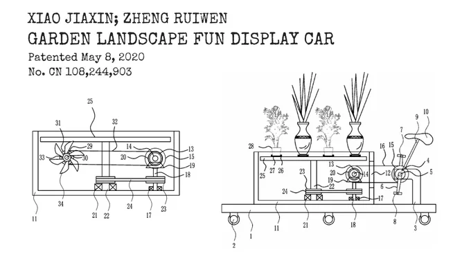 Patent drawing of “Garden Landscape Fun Display Car,” invented by Xiao Jiaxing and Zheng Ruiwen and patented in 2020. The black-and-white drawings show a small wheeled cart with plants on top and mechanical parts inside. A handle is used to push the cart, and labeled parts show how it works.