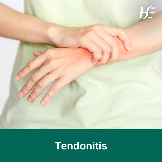 A person touching their wrist. The text reads, 'Tendonitis'.