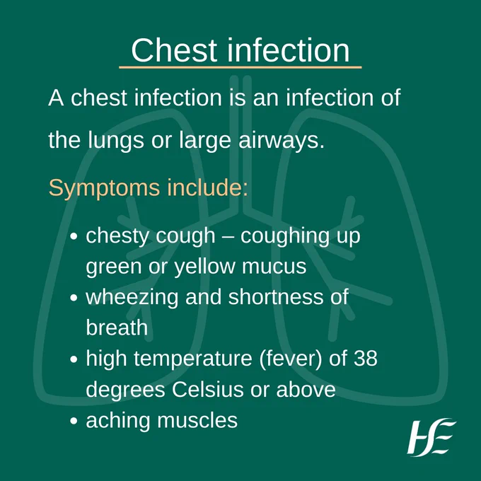 Text that reads, 'Chest Infection. A chest infection is an infection of the lungs or large airways. Symptoms include: chesty cough - coughing up green or yellow mucus, wheezing and shortness of breath, high temperature (fever) of 39 degrees Celsius or above, aching muscles.'