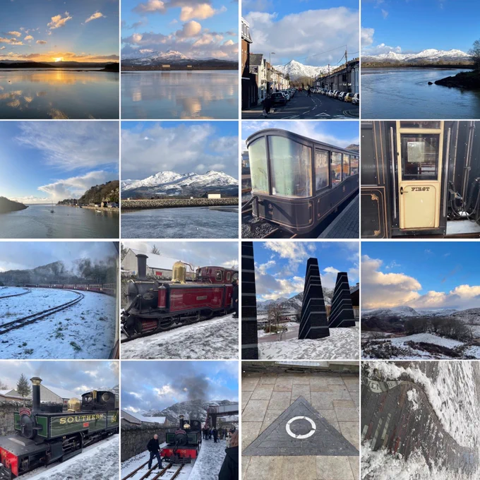 A collage of 16 wintry photos around Porthmadog, Blaenau and the Ffestiniog railway.