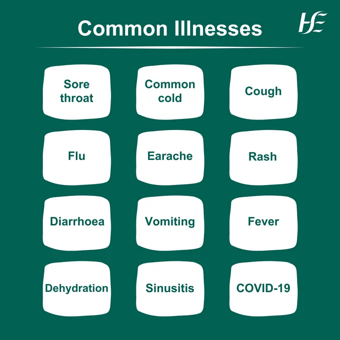 Text that says 'Common illnesses: sore throat, common cold, cough, flu, earache, rash. diarrhoea, vomiting, fever, dehydration, sinusitis, COVID-19'. 