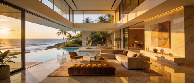 A modern, luxurious living room with ocean views, featuring a plush couch, artwork, and a serene infinity pool at sunset.