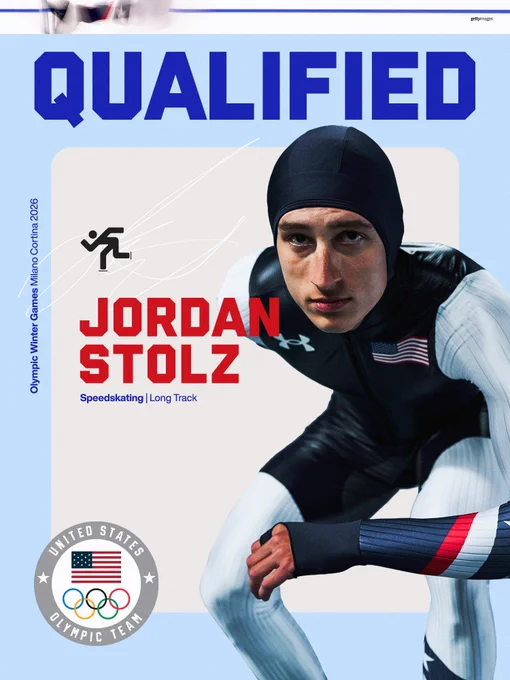 Photo of Jordan Stolz with text: qualified. Jordan Stoltz. Speedskating. Long Track.