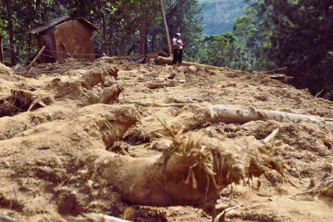 Photo 04 : A mother carrying her child surveys the upper reaches of a massive landslide in Rambodagama, Kotmale Valley ,one of the largest in recent memory, stretching around 15 km and devastating the entire village. The disaster claimed 15 lives and left nearly 50 injured. This photograph was taken on 27 December 2025, exactly one month after the tragedy