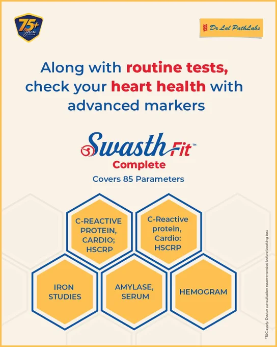 What is the Swasthfit Complete Health Check?
The Swasthfit Complete Health Check by Dr. Lal PathLabs includes a complete diagnostic profile of tests through which you can get a comprehensive health evaluation of the body.  

Early diagnosis and treatment give you the best chance of fighting the disease off without any severe complications.  

The Swasthfit Complete Health Check can be performed as part of a regular preventive health checkup once every 6 to 12 months or as recommended by the doctor. 

 

Various components of the Dr. Lal PathLabs Swasthfit Complete Health Check include: 

 

Glucose Fasting measures the le
Parameters
LIVER & KIDNEY PANEL

24

LIPID SCREEN, SERUM

06

GLUCOSE, FASTING (F)

01

VITAMIN B12; CYANOCOBALAMIN

01

VITAMIN D 25 - HYDROXY

01

THYROID PROFILE, TOTAL

03

HBA1C; GLYCOSYLATED HEMOGLOBIN

02

C-REACTIVE PROTEIN, CARDIO; HSCRP

01

AMYLASE, SERUM

01

APOLIPOPROTEINS A1 & B

03

IRON STUDIES

03

URINE EXAMINATION, ROUTINE; URINE, R/E

17

HEMOGRAM