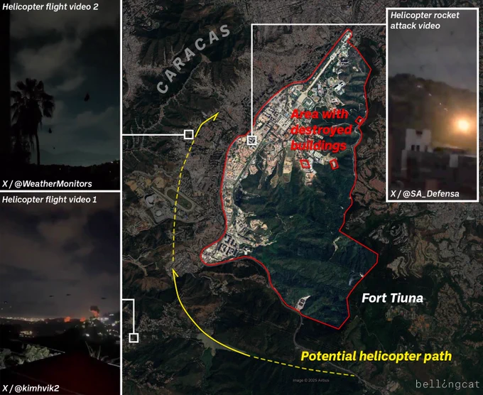 Bellingcat annotated map of geolocated social media videos showing the potential helicopter flight path 