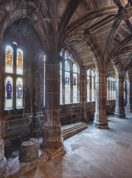 Thirty-four windows with 130 lights, presented as an Anglican calendar, most from the studio of F.C. Eden (1864–1944) and A.K. Nicholson (1871–1937), alongside designs by Chester artist Trena Cox (1895–1980)