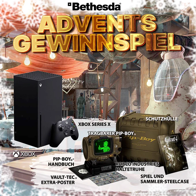 Auf dem Bild sieht man verschiedene Gewinne für das 2. Adventsgewinnspiel von Bethesda_de. Unter anderem gibt es eine Fallout 4 Pip Boy Edition und eine Xbox Series X zu gewinnen! 