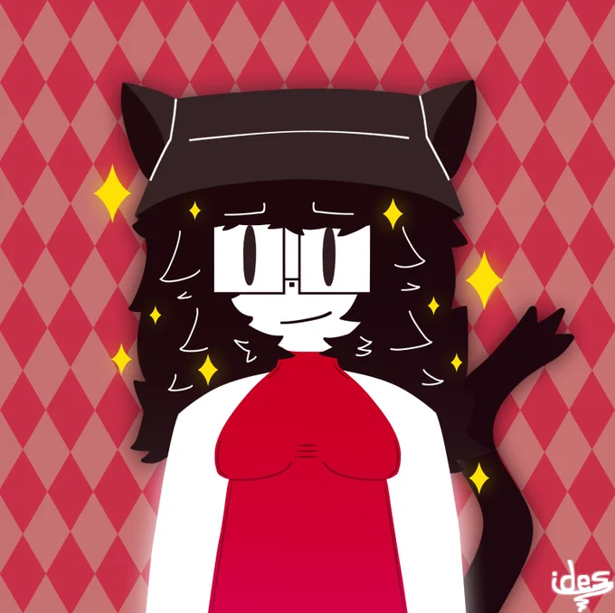 A female with cat hat, white skin, messy black long hair, square glasses, red & pink dress, and cat tail. She's smile and confused. Sparkles are seen around her.
Better quality: https://i.imgur.com/9VdToZ0.png