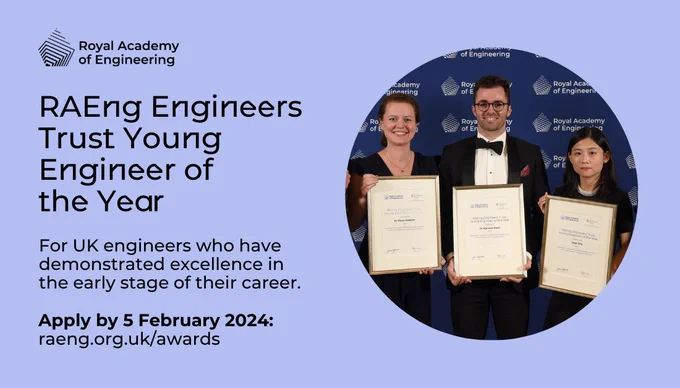 Text on left reads: RAEng Engineers Trust Young Engineer of the Year. For UK engineers who have demonstrated excellence in the early stage of their career. Apply by 5 February 2024: raeng.org.uk/awards

Image on right is a group shot of 2023 winners holding their certificates.