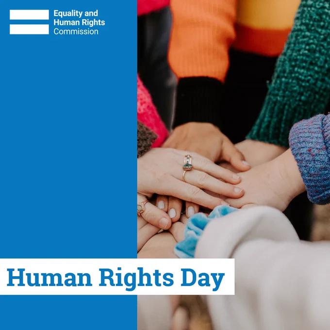Graphic depicting a group of holding hands with the words 'Human Rights Day'