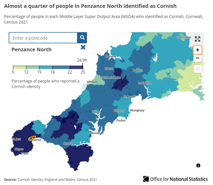 Map showing percentage of people in each area of Cornwall who identified as Cornish. People in areas further west were more likely to identify as Cornish.