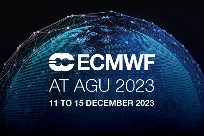 Digital image of a globe with a overlaid grid network. Text: ECMWF at AGU 2023, 11 to 15 December 2023.