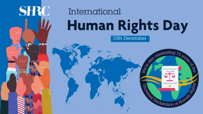 Map of the world next to lots of hands up in the air, symbolising people power. Text reads "International Human Rights Day 10th December." Cartoon of the earth. On is a document which reads "Universal Declaration of Human Rights, 10th December 1948". Around the edge of the world, text reads "We're also celebrating 75 years of the Universal Declaration of Human Rights".