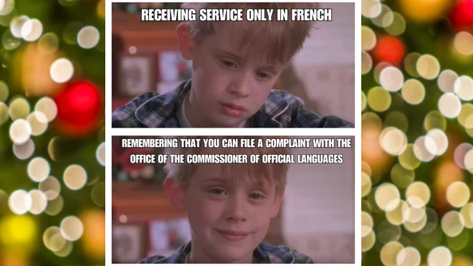 In the top box, Kevin McCallister from the movie Home Alone, has a sad look on his face. We read the words: "Receiving service only in French". In the bottom box, Kevin has a sudden realization and looks happy. We read the words: "Remembering that you can file a complaint with the Office of the Commissioner of Official Languages"