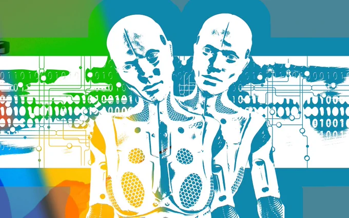 drawing of two clones one standing behind the other with a background of binary code