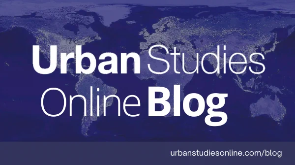 White text reads 'Urban Studies Online Blog'. Background is part of a dark blue map of the world at night with lights highlighted. Website is listed at bottom: urbanstudiesonline.com/blog