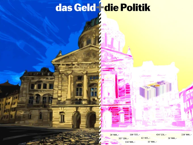 Eine Illustration des Bundeshauses, zu welchem eine Strasse aus Münzen führt. Das Bild ist in der Mitte geteilt wie durch ein Röntgen, mit den Worten "das Geld   die Politik" oben und einem Geldbündel und Geldbeträgen beschriftet.