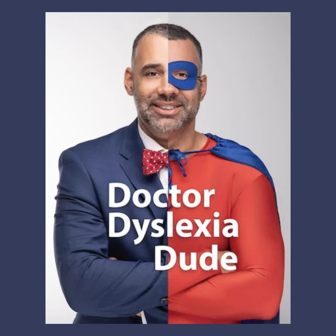 Photo of Dr. Shawn Robinson half dressed in a suit, and the other half dressed as graphic novel character Dr. Dyslexia Dude. 