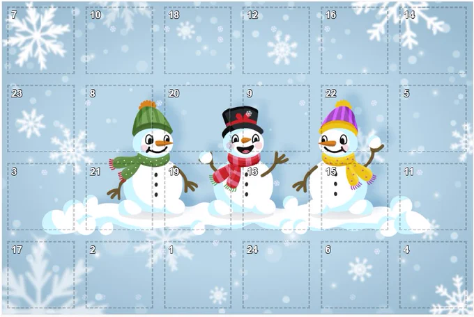 TEL advent calendar with 24 doors and 3 snowmen across the centre of the image