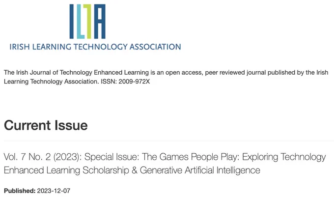 Screenshot from IJTEL journal website, describing current issue on TEL & GenAI.