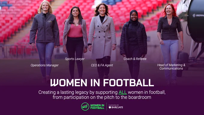 Women in Football members walking down the pitch sideline at Wembley Stadium.
