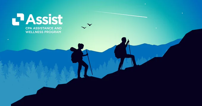An illustration depicting the silhouette of a mountain range and forest in the background and two hikers ascending a mountain under a starry sky.