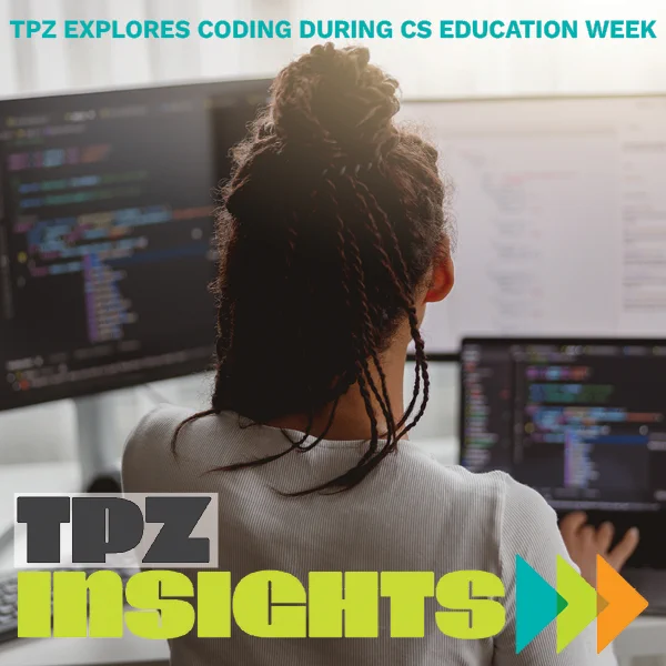 IMAGE: Back of women's head as she looks at two computer screens. POST: TPZ's Jeff Branson, Senior Director for STEAM Education and Partnerships, and Sabrina Tirachen, Educator/Advisor II, are working on building a program to give TPZ students a hands-on exploration into computational thinking. The two shared insights in a recent Q&A and are hosting a Pizza & Coding Workshop today--in recognition of CS Education Week--during which TPZ students will be guided through a two-hour code journey using the Processing language and the Microbit microcontoller. Read the Q&A on our website:  https://possiblezone.org/news/tpz-explores-the-digital-frontier/  #CSEdWeek #youthdevelopment #CSeducation