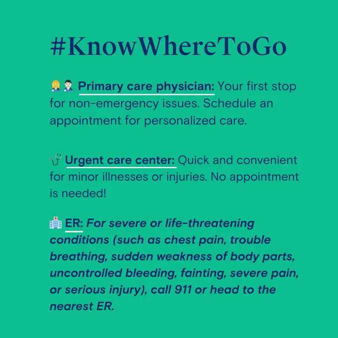 #KnowWhereToGo

👩👨 Primary care physician: Your first stop for non-emergency issues. Schedule an appointment for personalized care.
 
🩺 Urgent care centers: Quick and convenient for minor illnesses or injuries. No appointment is needed!
 
🏥 ER: For severe or life-threatening conditions (such as chest pain, trouble breathing, sudden weakness of body parts, uncontrolled bleeding, fainting, severe pain, or serious injury), call 911 or head to the nearest ER.
 
