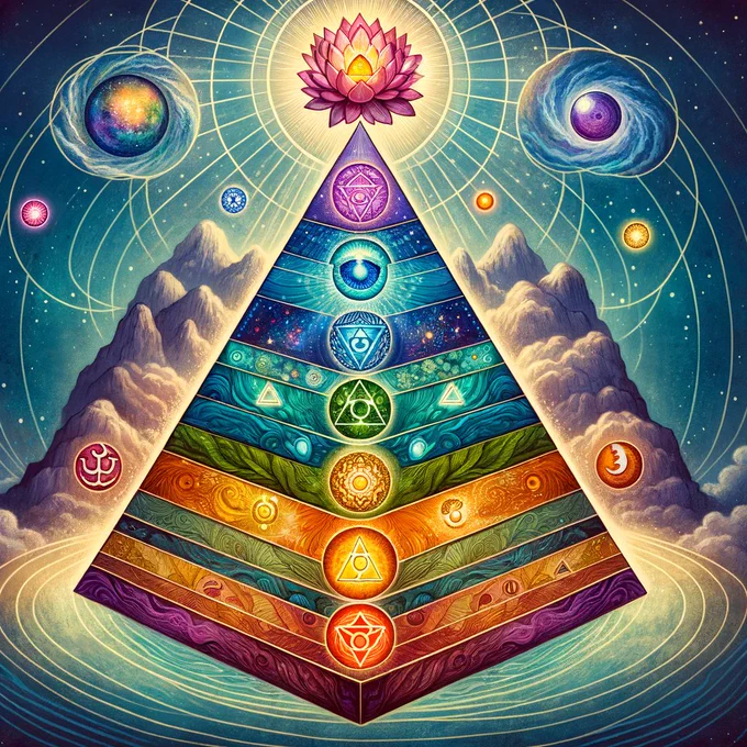 Here is the image visualizing the Marais Method's interpretation of the chakras as interconnected layers of existence within a pyramid structure, showcasing the harmony and integration of the physical, mental, and spiritual realms.