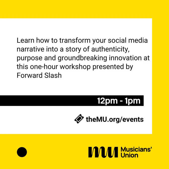 Slide four: "Learn how to transform your social media narrative into a story of authenticity, purpose and groundbreaking innovation at this one-hour workshop presented by Forward Slash, 12pm - 1pm. theMU.org/events"