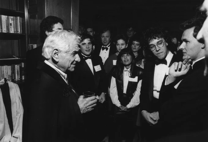 Leonard Bernstein and students at U-M President James Duderstadt’s home on October 29, 1988