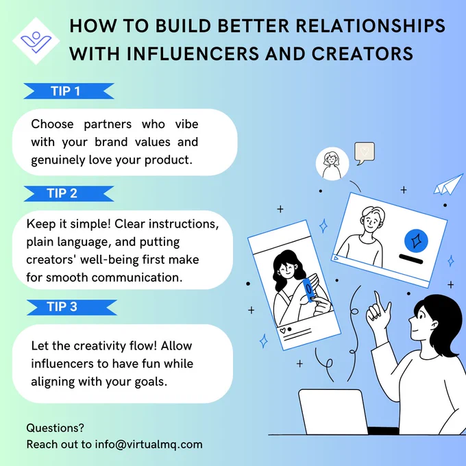 🌟 Elevate your #influencermarketing game with these key #tips ! 



🌐 First off, handpick collaborators who not only resonate with your brand values but also have a genuine passion for your product or service from the get-go. 

🌐 Next, simplify your communication strategy by offering clear instructions, using straightforward language, and prioritizing the well-being of your creators. 

🌐 Lastly, foster creativity by granting influencers the freedom to craft content they find enjoyable, all while ensuring it aligns seamlessly with your brand goals. 



These three tips form the foundation for building robust and fruitful relationships with #influencers and #creators, setting the stage for impactful #collaborations. 



For more reach out to

➡ https://www.virtualmq.com/contact



#marketingtips #marketingagency #contentcreator #digitalinfluencer #digitalmarketingagency #microinfluencer #influenceragency #advertising #pr #bloggers #seo #socialmediainfluencer #socialmediamanager #soci