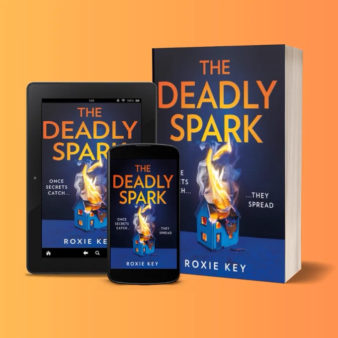 The book, ebook and audiobook of The Deadly Spark by Roxie Key, featuring an origami house on fire.