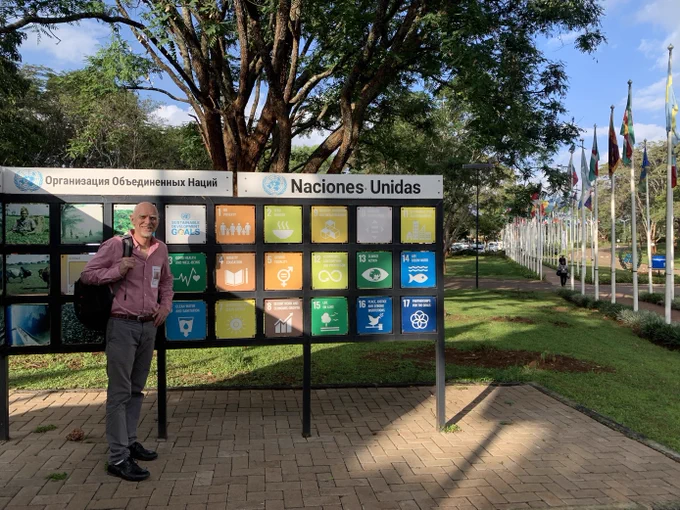 Professor Steven Loiselle standing outside the United Nations in Nairobi