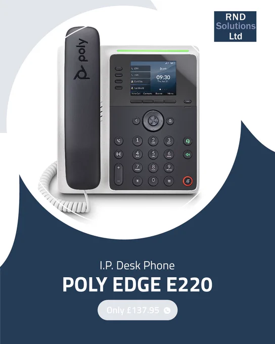 POLY EDGE E220 SERIES IP DESK PHONES
It’s time for a desk phone that makes hybrid work easy. The Poly Edge E220 with four-line keys offers more ways to connect, plus unbelievable audio, in a seriously sharp package.

Built for hot-desking and hybrid working, these phones provide simple mobile phone pairing, plus bring together Poly’s famous noise reduction technology and a cutting-edge design for the perfect user experience.

Our most versatile phones to date, the Poly Edge E220 is packed with features you didn’t even know you needed, like text-to-speech and antimicrobial protection. No matter what size your business, this is the phone that upgrades your office with style, bringing your organization into the future.